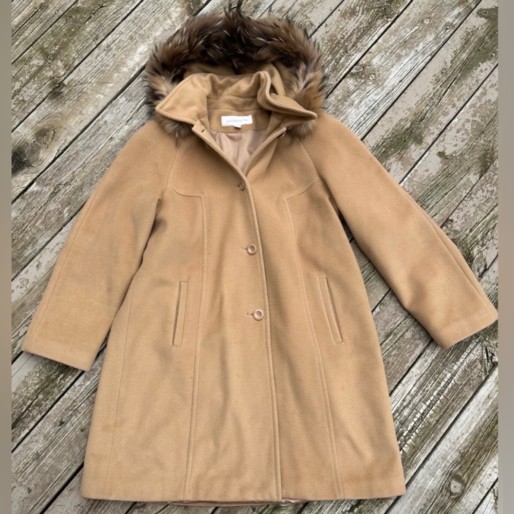 Liz Claiborne Wool & Cashmere Tan Coat with Real Fur Removable Hood
